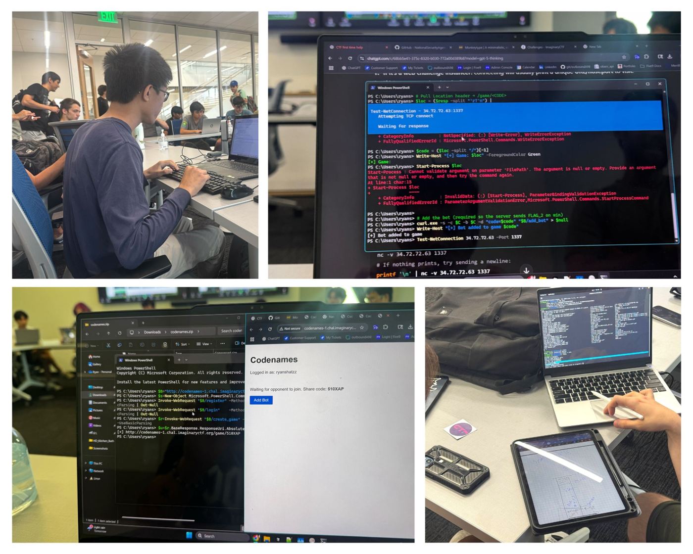 collage from the uf ctf night: powershell one-liners, the codenames web challenge, and whiteboard scribbles