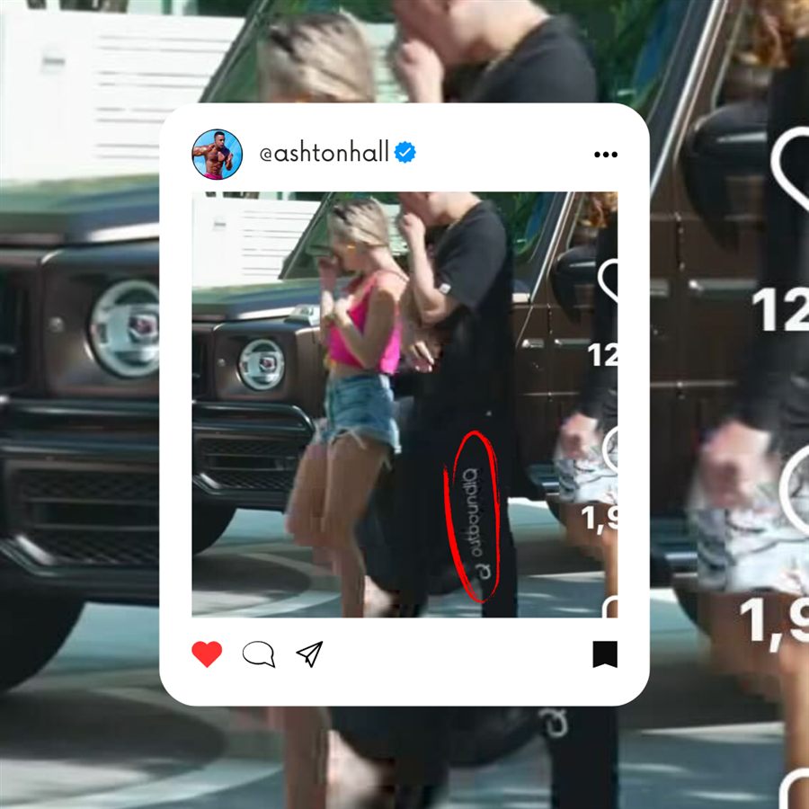 a frame from the viral skit with the outboundIQ logo circled on a pair of sweatpants