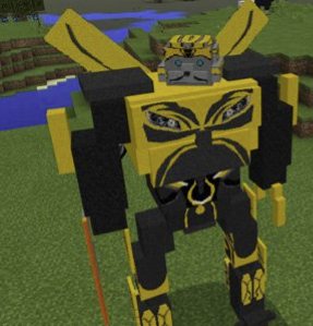 the blocky bumblebee transformer standing in minecraft